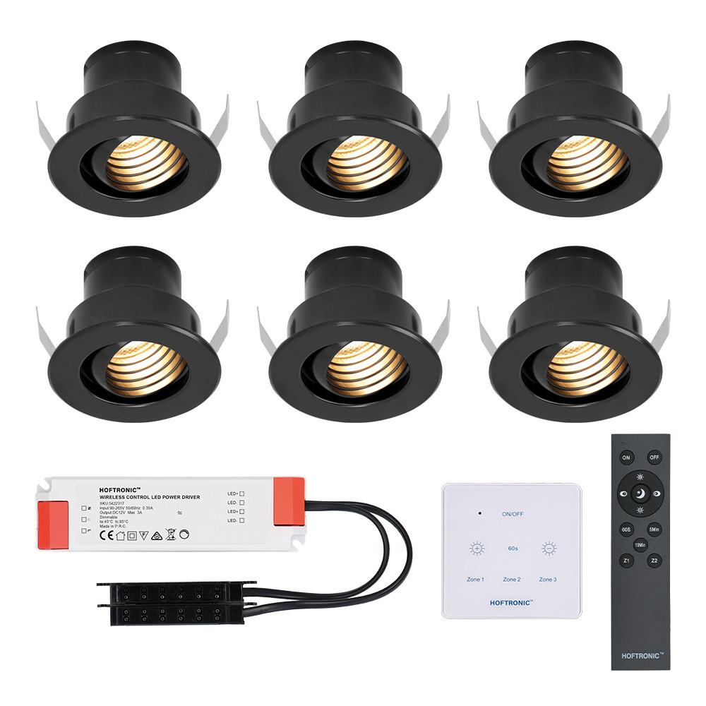 HOFTRONIC™ Set van 6 Medina - Mini LED Inbouwspot - 12V 3W - Zwart - Dimbaar - Kantelbaar & verzonken - Verandaverlichting - Incl. Muurdimmer - IP44 voor buiten - 2700K - Warm wit
