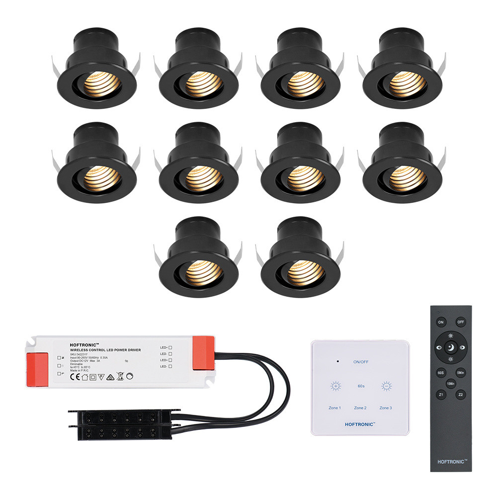 HOFTRONIC™ Set van 10 Medina - Mini LED Inbouwspot - 12V 3W - Zwart - Dimbaar - Kantelbaar & verzonken - Verandaverlichting - Incl. Muurdimmer - IP44 voor buiten - 2700K - Warm wit