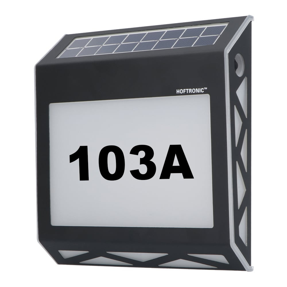 HOFTRONIC™ Numa - Solar verlicht huisnummer met 8 LED&apos;s - Solar huisnummer verlichting - met schemerschakelaar - 3000K warm wit - Zwart - IP65 waterdicht