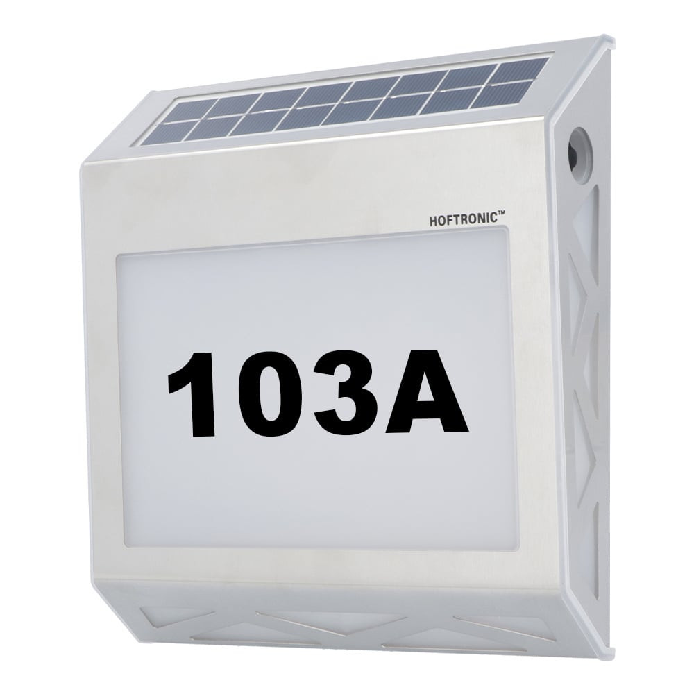 HOFTRONIC™ Numa - Solar verlicht huisnummer met 8 LED&apos;s - Solar huisnummer verlichting - met schemerschakelaar - 3000K warm wit - zilver - IP65 waterdicht