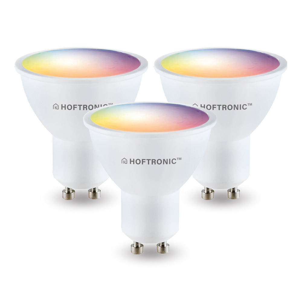 HOFTRONIC SMART Set van 3 GU10 120° SMART LED Lampen RGBWW Wifi+Bluetooth 5.5 Watt 400lm Dimbaar via App