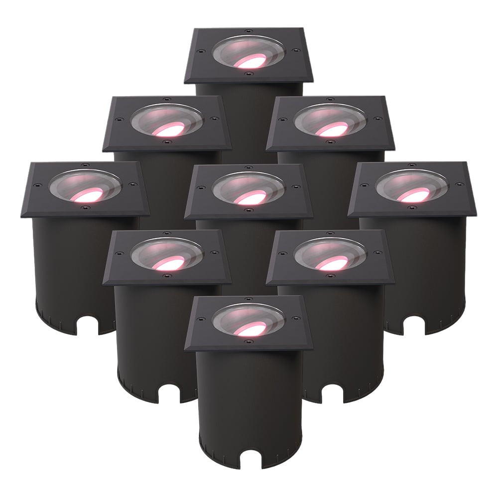HOFTRONIC SMART Set van 9 Cody Smart Grondspots Zwart - GU10 5,5 Watt 345 lumen - RGB + WW - Wifi + BLE - Kantelbaar - Overrijdbaar - Vierkant - IP67 waterdicht