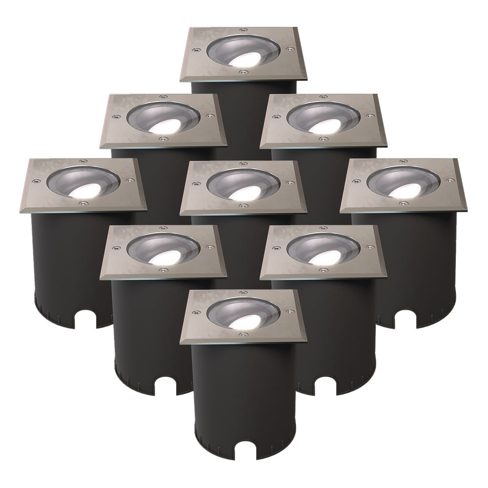 HOFTRONIC™ Set van 9 Cody LED Grondspots RVS - GU10 4,5 Watt 345 lumen dimbaar - 6500K Daglicht wit - Kantelbaar - Overrijdbaar - Vierkant - IP67 waterdicht