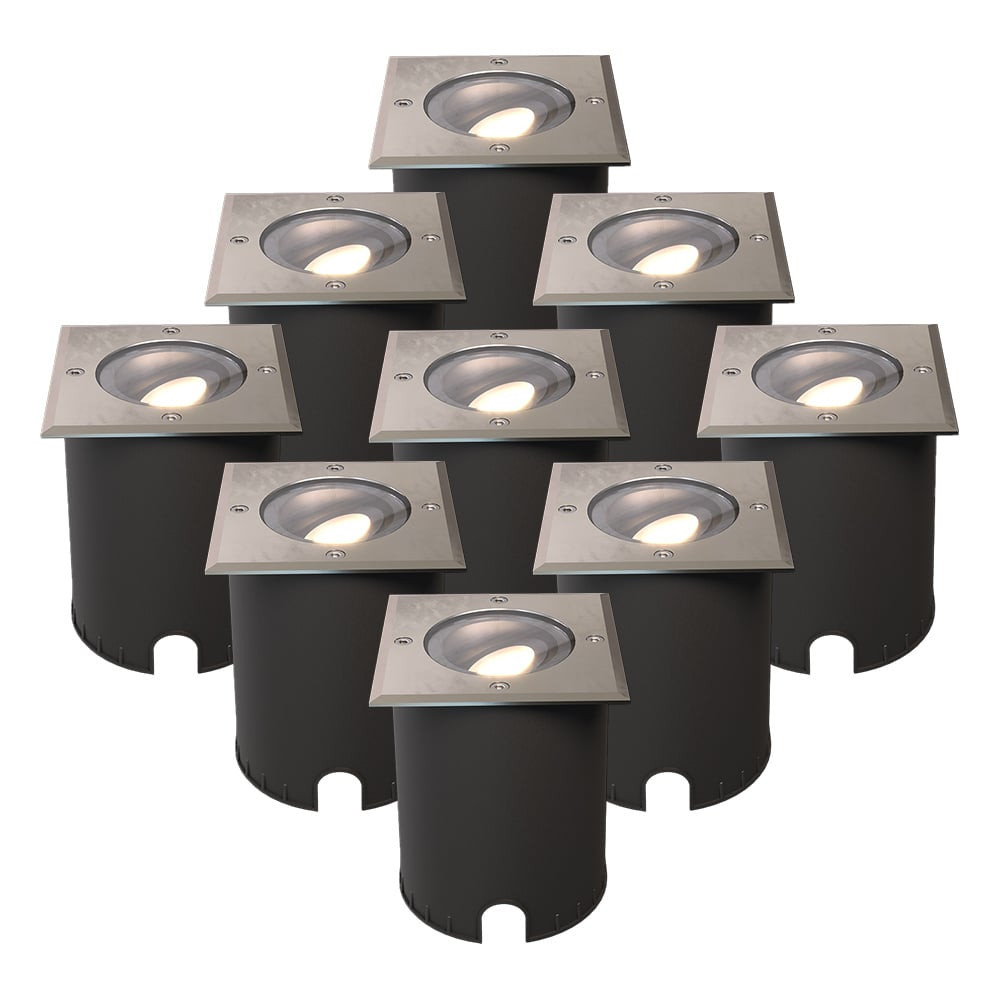 HOFTRONIC™ Set van 9 Cody LED Grondspots RVS - GU10 4,5 Watt 345 lumen dimbaar - 4000K neutraal wit - Kantelbaar - Overrijdbaar - Vierkant - IP67 waterdicht