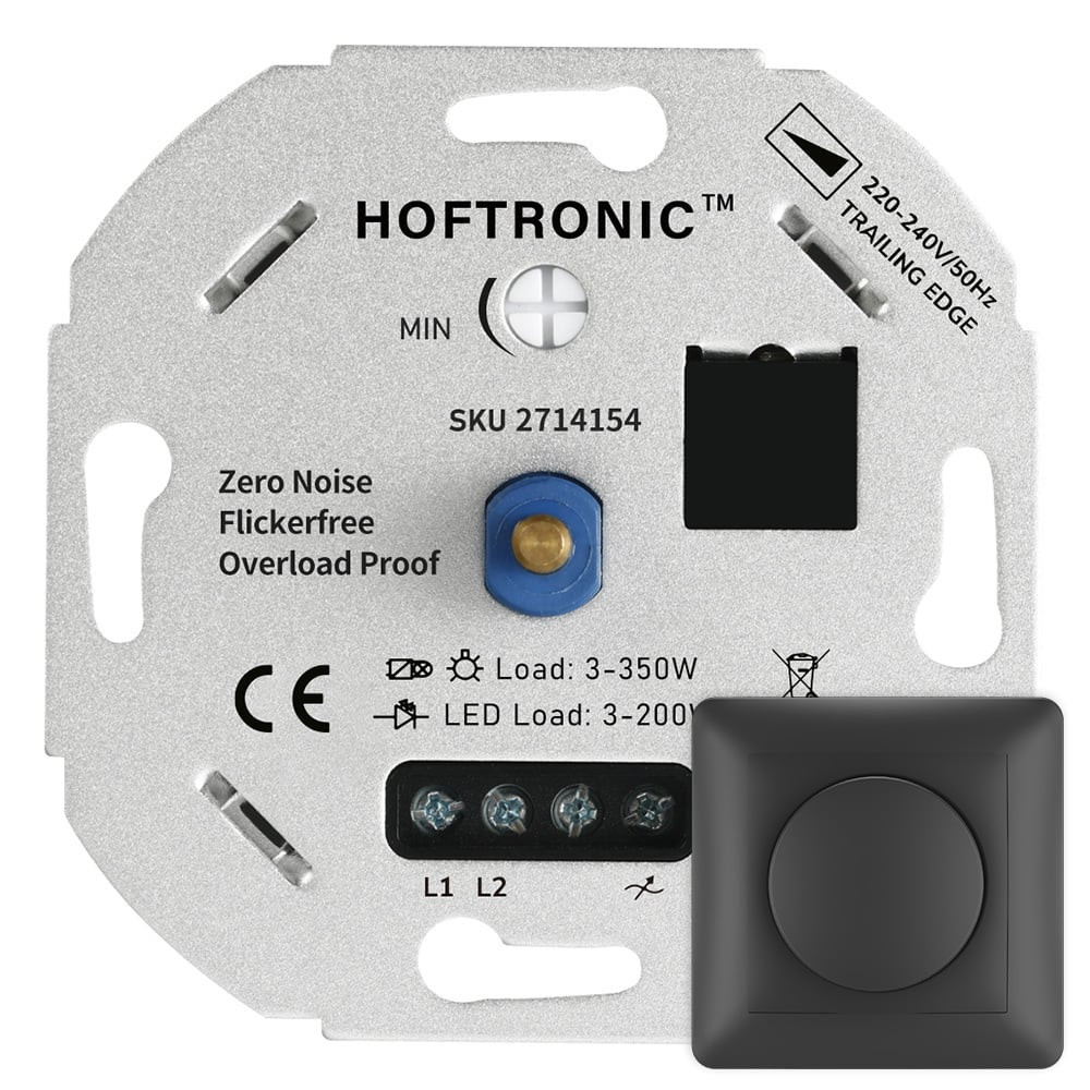 HOFTRONIC™ LED dimmer - 3-200 watt - Geschikt voor fase afsnijding - Universeel - Incl. zwart afdekraam en draaiknop