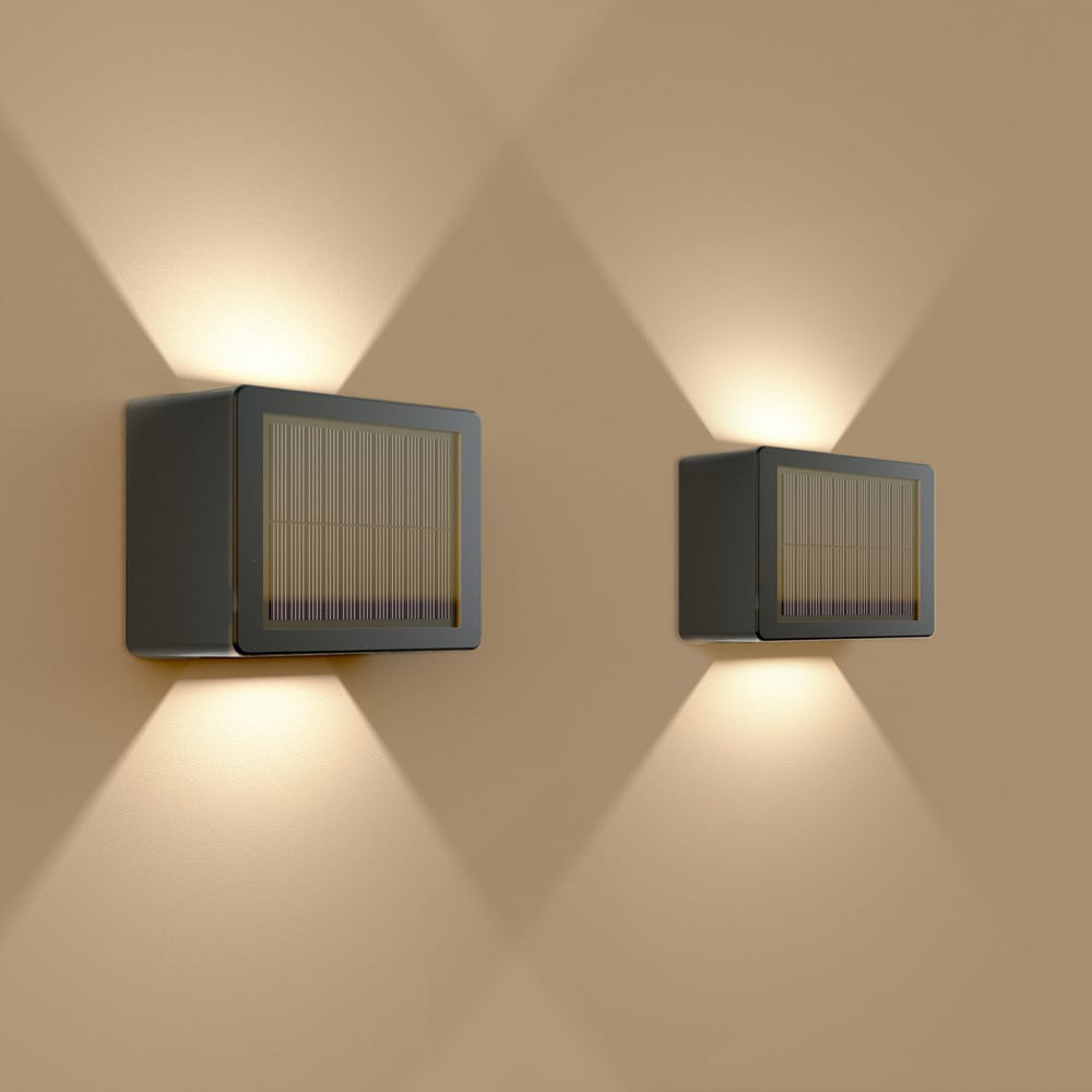HOFTRONIC™ Set van 2 Louis - Solar LED Wandlamp - Kubus - Up&Downlight - CCT warm wit-koud wit - Zwart- IP65 waterdicht - 4 LEDs - tuinverlichting - buitenlamp