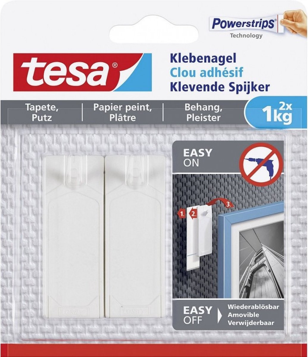 Tesa 77773 - klevende spijker voor behang en pleisterwerk tot 1kg - 13mm groot - Wit - 2 stuks