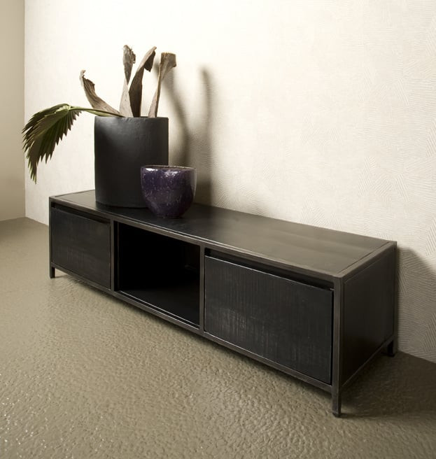 Tv meubel Paterno 145 cm | Zwart mangohout &amp; metaal