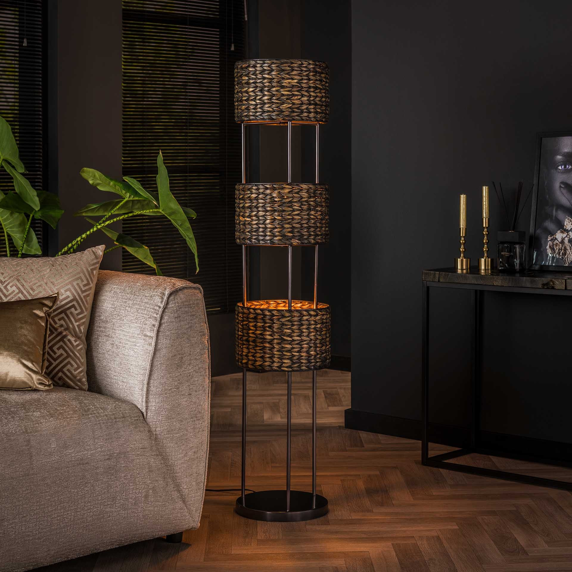 Vloerlamp Tower waterhyacint | 3L | Zwart nikkel