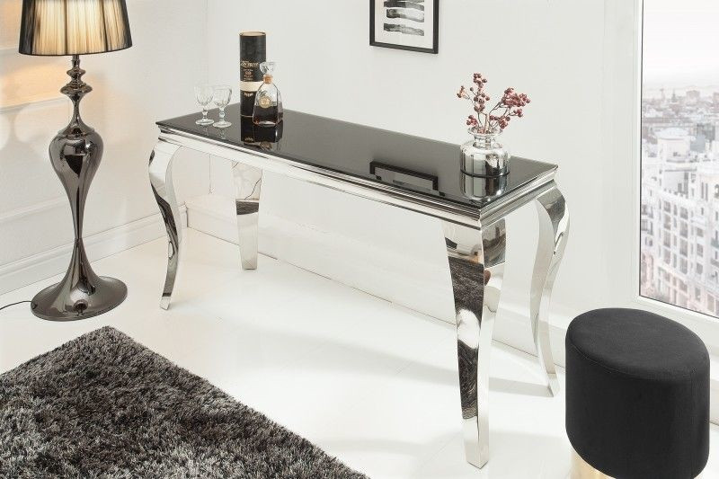 Elegante consoletafel MODERN BAROQUE 145cm zwart opaalglas roestvrijstalen poten - 36545