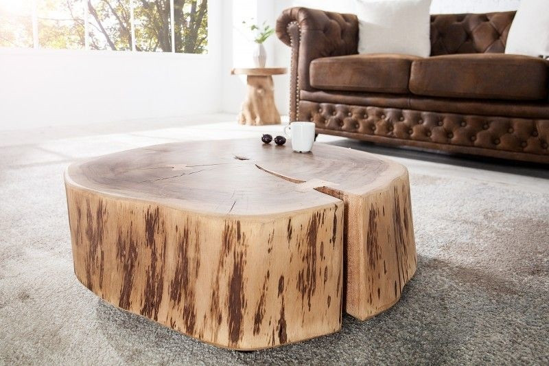 Boomstam salontafel GOA 60cm naturel acacia massief hout rond met wielen uniek - 36793