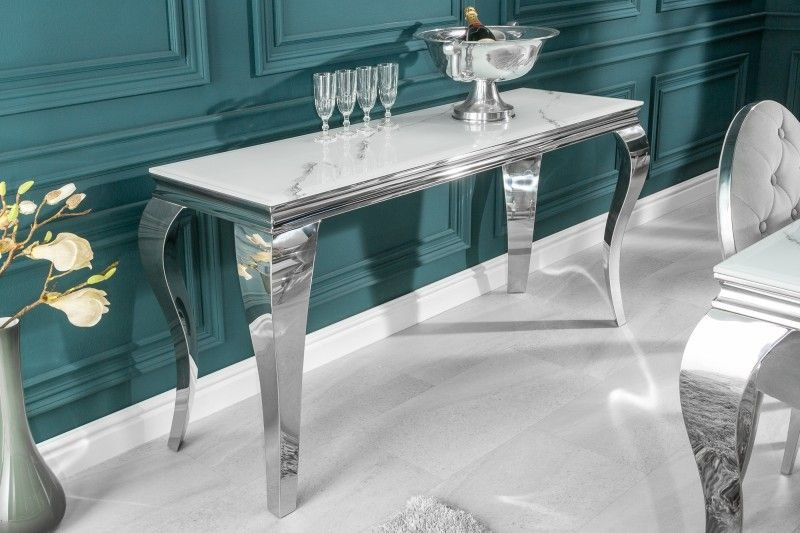 Elegante consoletafel MODERN BAROQUE 145cm met glazen blad marmerlook roestvrijstalen poten - 39997