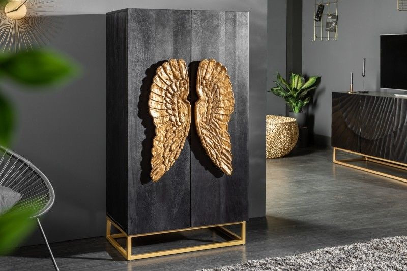 Extravagant dressoir ANGEL 140cm zwart mangohout met gouden vleugels - 40056