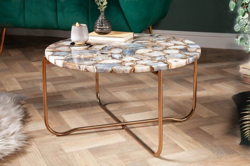 Ronde salontafel NOBLE 65cm edelsteen agaat afneembaar tafelblad gouden metalen frame - 40364