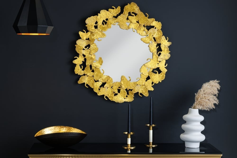 Decoratieve wandspiegel GINKGO LEAFS L 70cm goud rond handgemaakt van metaal - 42779