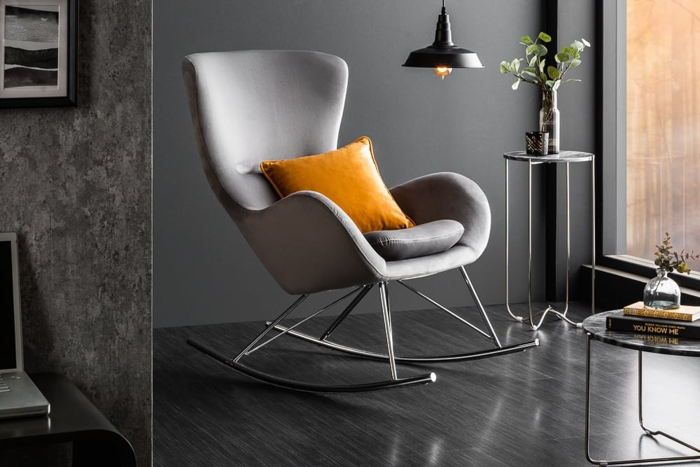 Design schommelstoel SCANDINAVIA SWING grijs fluweel chroom fauteuil - 43141
