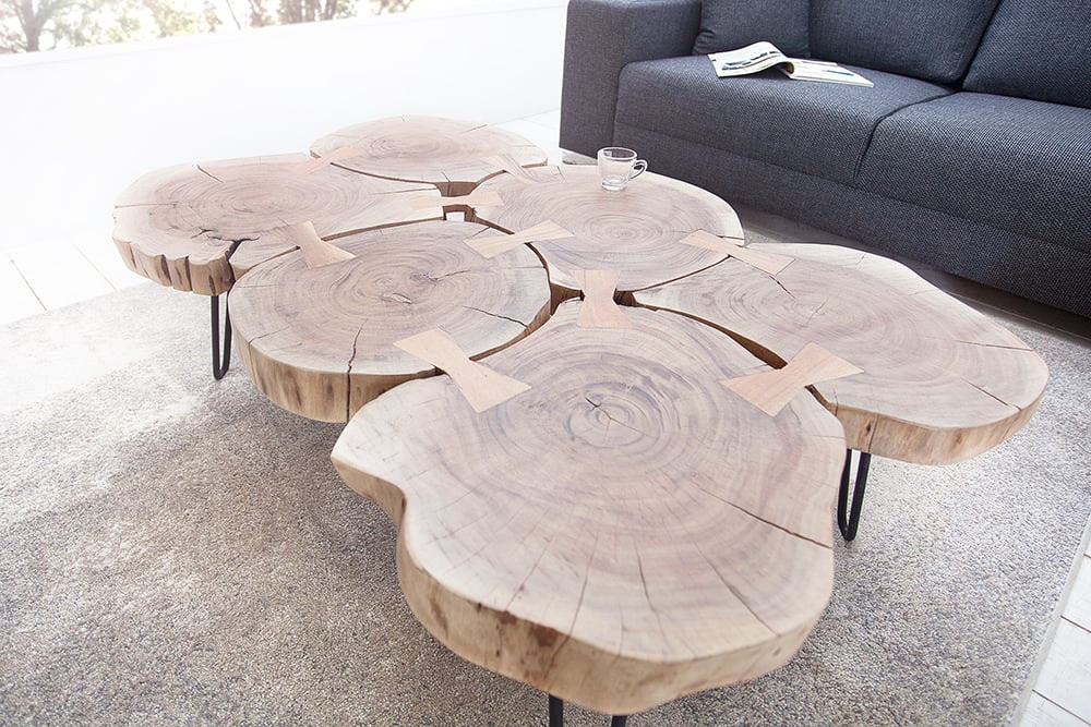 Design salontafel GOA 110cm acaciaboomstam plakjes 4cm tafelblad massief hout - 36708