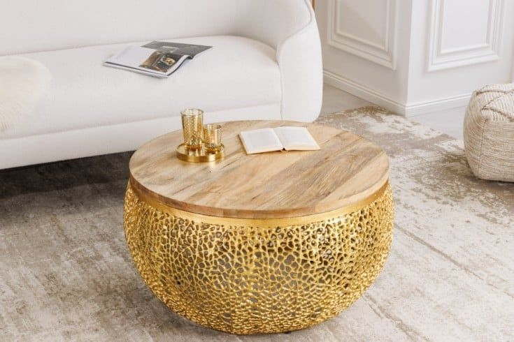 Design salontafel ABSTRACT LEAF 80cm goud massief mangohout handgemaakt metaal rond - 42250