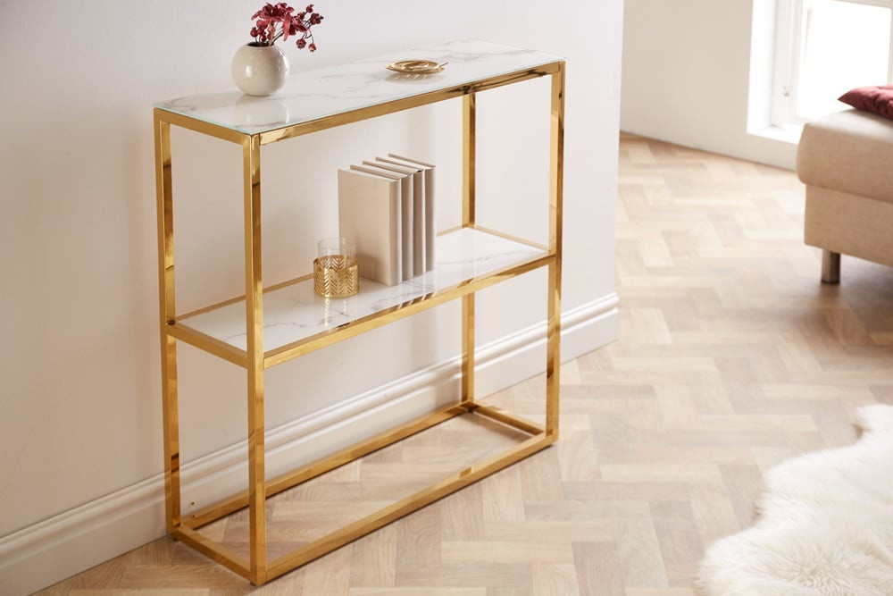 Elegante consoletafel BOUTIQUE 80cm wit kristalglas met marmeren decor gouden frame met twee planken - 42169