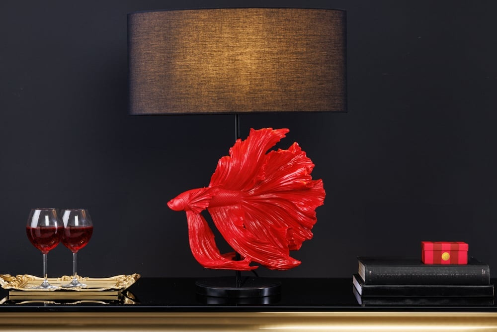 Design tafellamp CROWNTAIL 65cm zwart rode stoffen kap marmeren voet - 43171