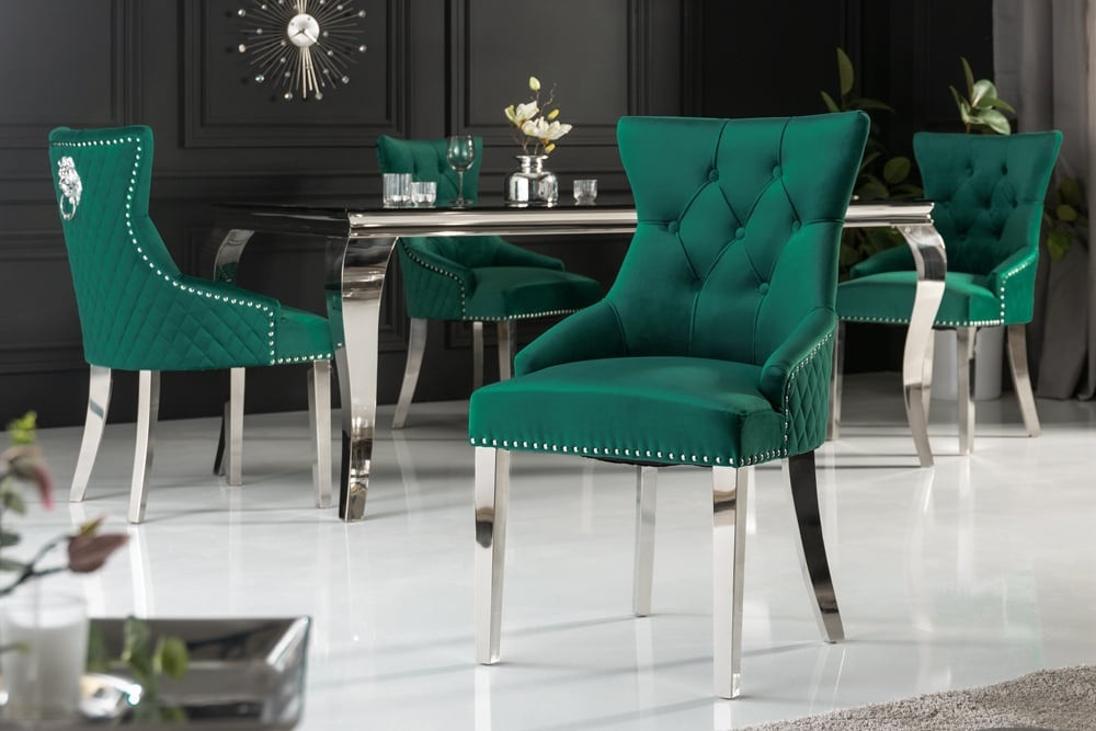 Barokke stoel CASTLE DELUXE smaragdgroen fluwelen roestvrijstalen leeuwenkop - 43280