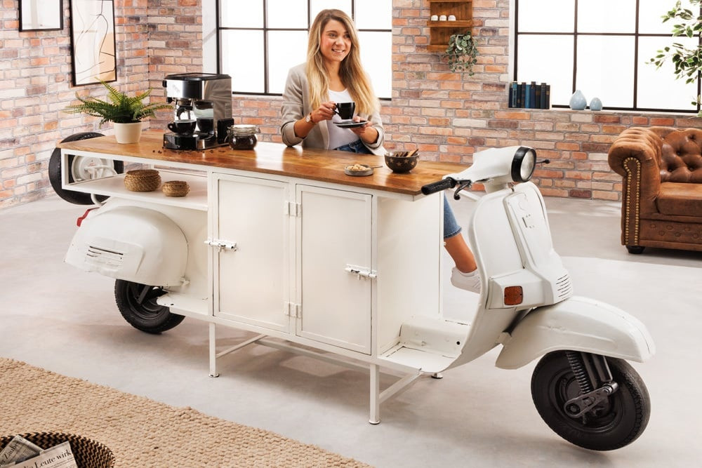 Extravagante barkast SCOOTER 250cm witte retro console scooter met mangohout upcycling - 42104