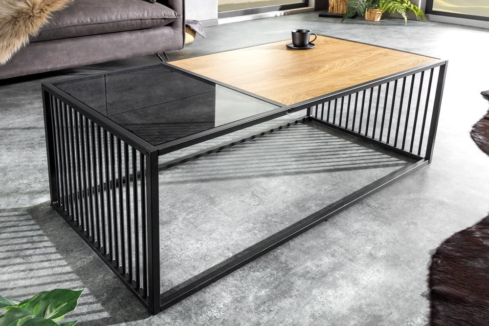 Design salontafel ARCHITECTURE 100cm zwart wild eiken gerookt glas metaal - 43002