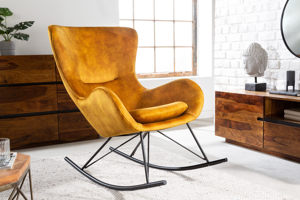 Design schommelstoel SCANDINAVIA SWING mosterdgeel fluwelen fauteuil - 43143