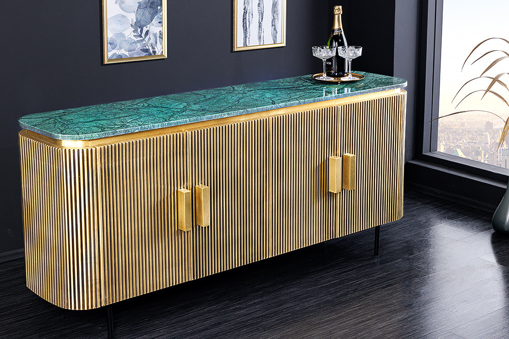 Design dressoir VENEZIANO 160cm messing groen marmeren blad mangohout retro - 43350