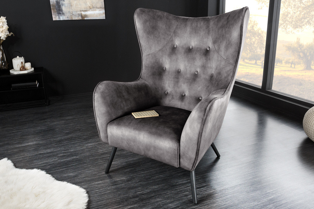 Design XL fauteuil AMSTERDAM grijs fluweel zwart metalen poten retrostijl - 43567