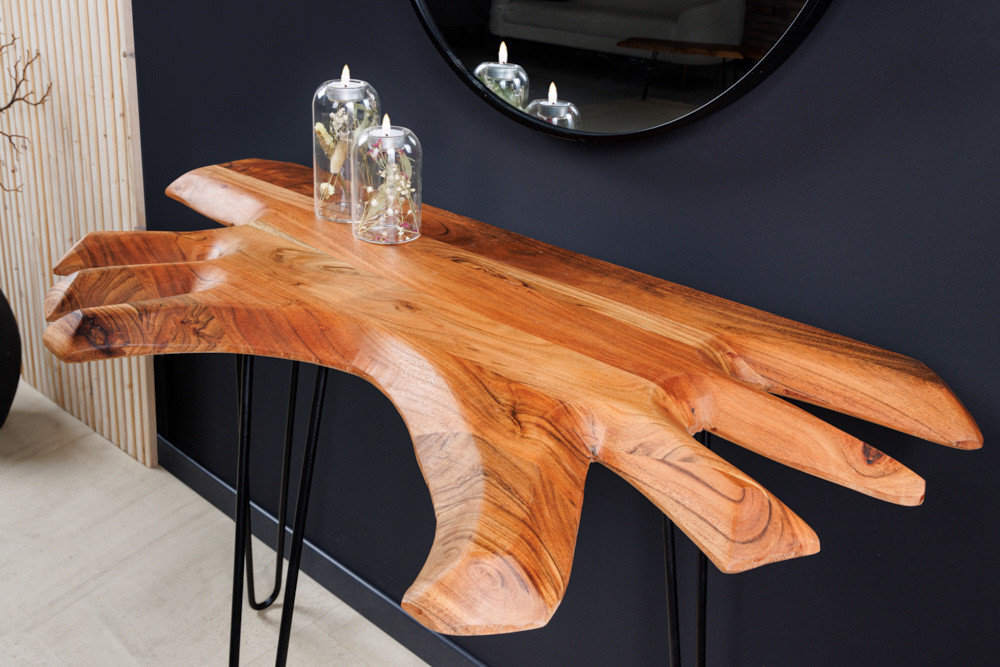 Massief houten consoletafel WILD 105 cm natuurlijke acacia haarspeldpoten boomrand - 43340
