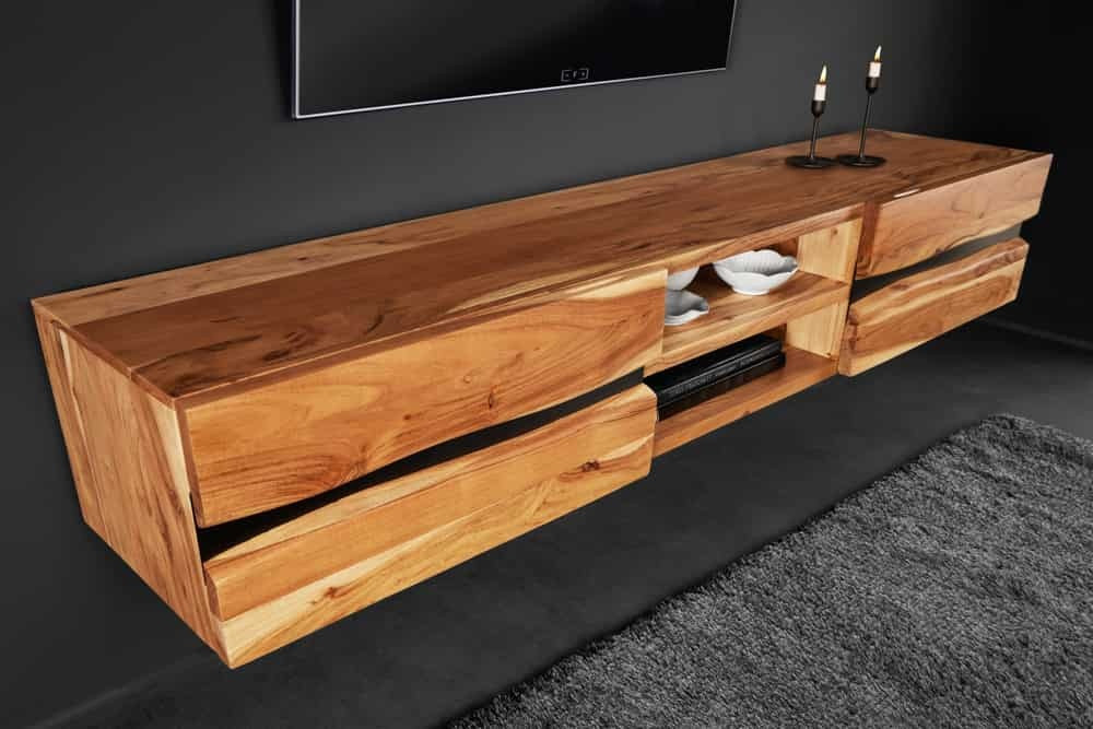 Hangend tv-meubel AMAZONAS 160cm natuurlijk acacia massief hout boomrand metaal zwart - 43706