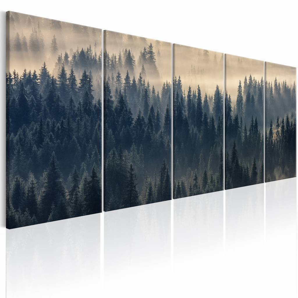 Schilderij - Bomen in de mist , beige blauw , 5 luik