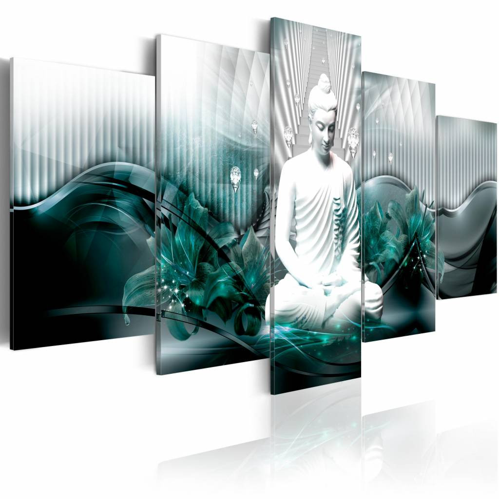 Schilderij - Azure Meditatie , boeddha , blauw wit , 5 luik