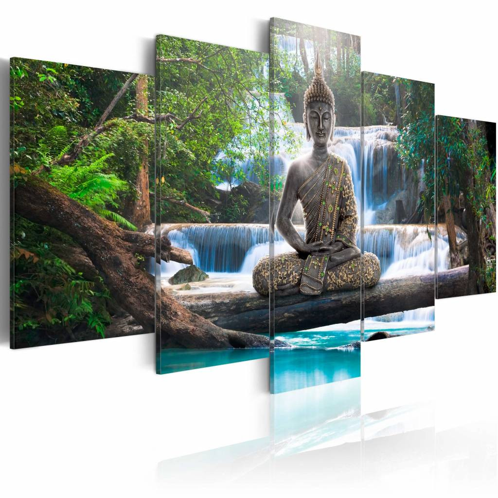 Schilderij - Boeddha - Voor een Waterval, 5luik , groen blauw , premium print op canvas