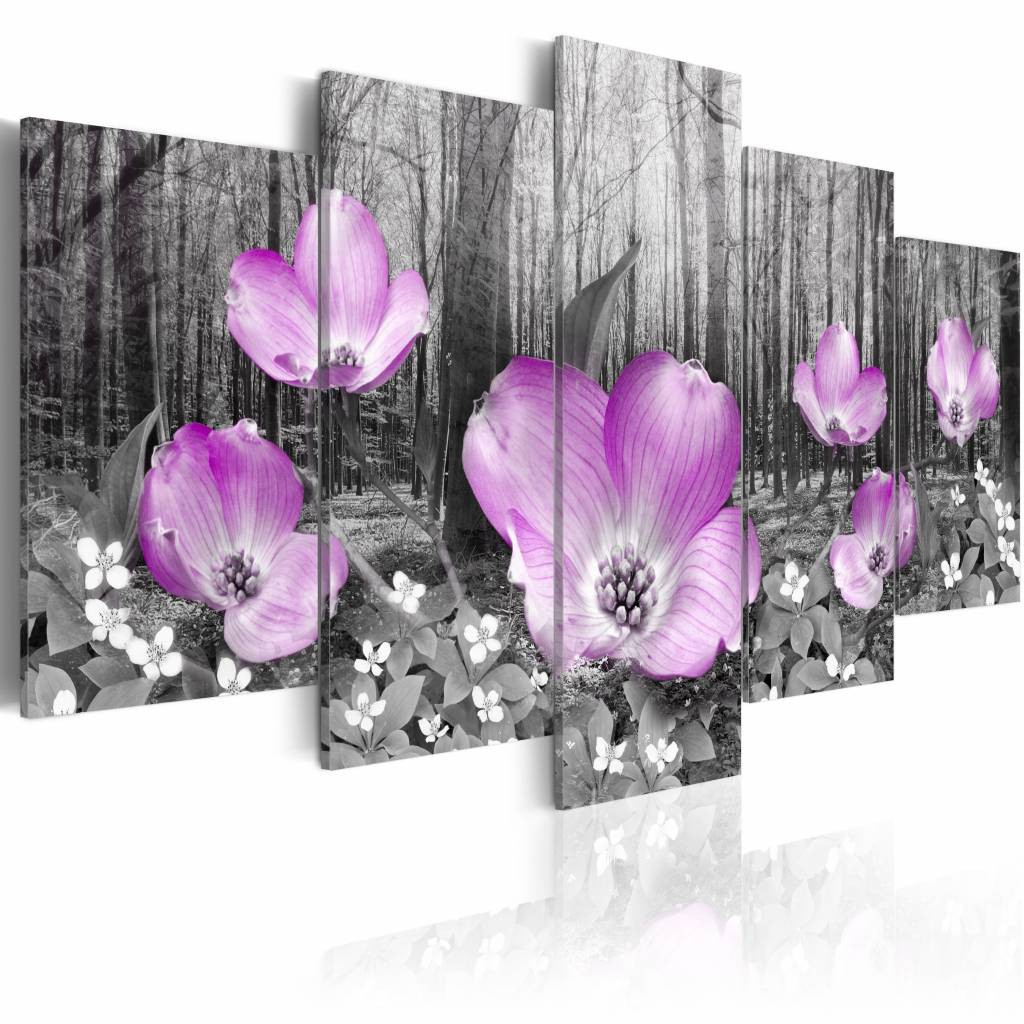 Schilderij - Bloemen op hout , lila , grijs , hout look , 5 luik