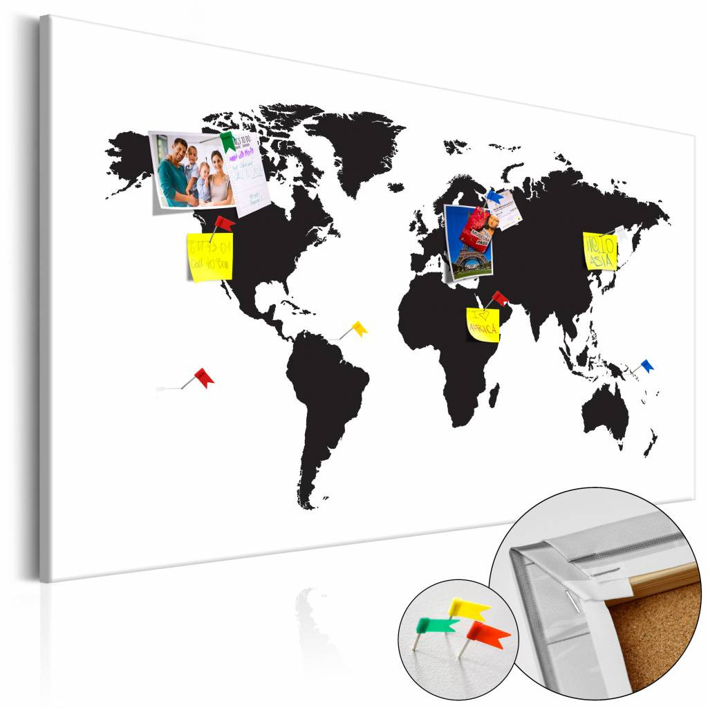 Afbeelding op kurk - Wereldkaart in Zwart en Wit, 1luik