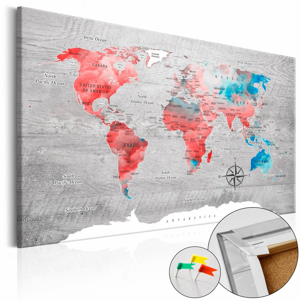 Afbeelding op kurk - Red Roam , Wereldkaart, Rood/Blauw/Grijs,1luik