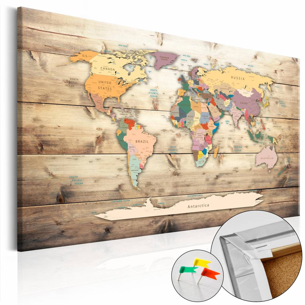 Afbeelding op kurk - Wereld Binnen Handbereik, Wereldkaart, Multikleur, Hout Look op Doek, 1luik
