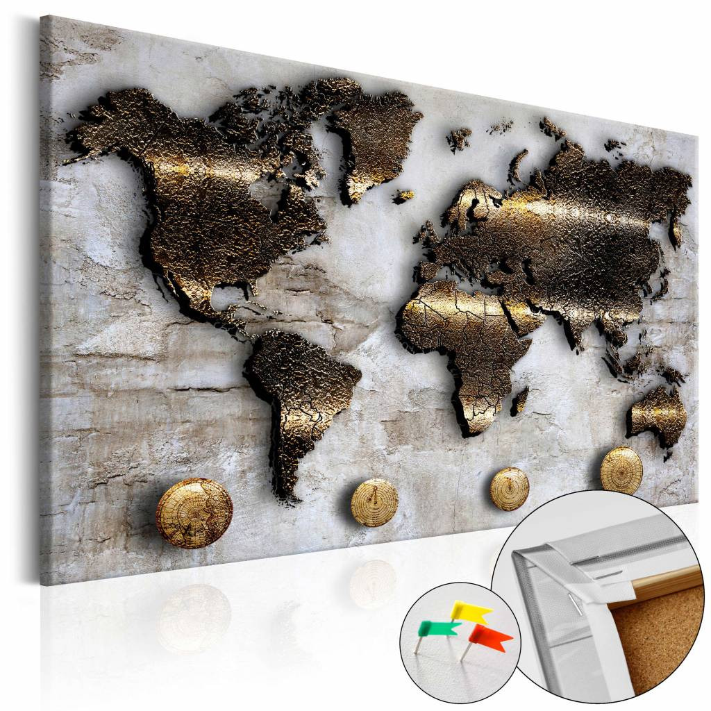 Afbeelding op kurk - Gouden Reis, Wereldkaart, Goud/Grijs, 1luik