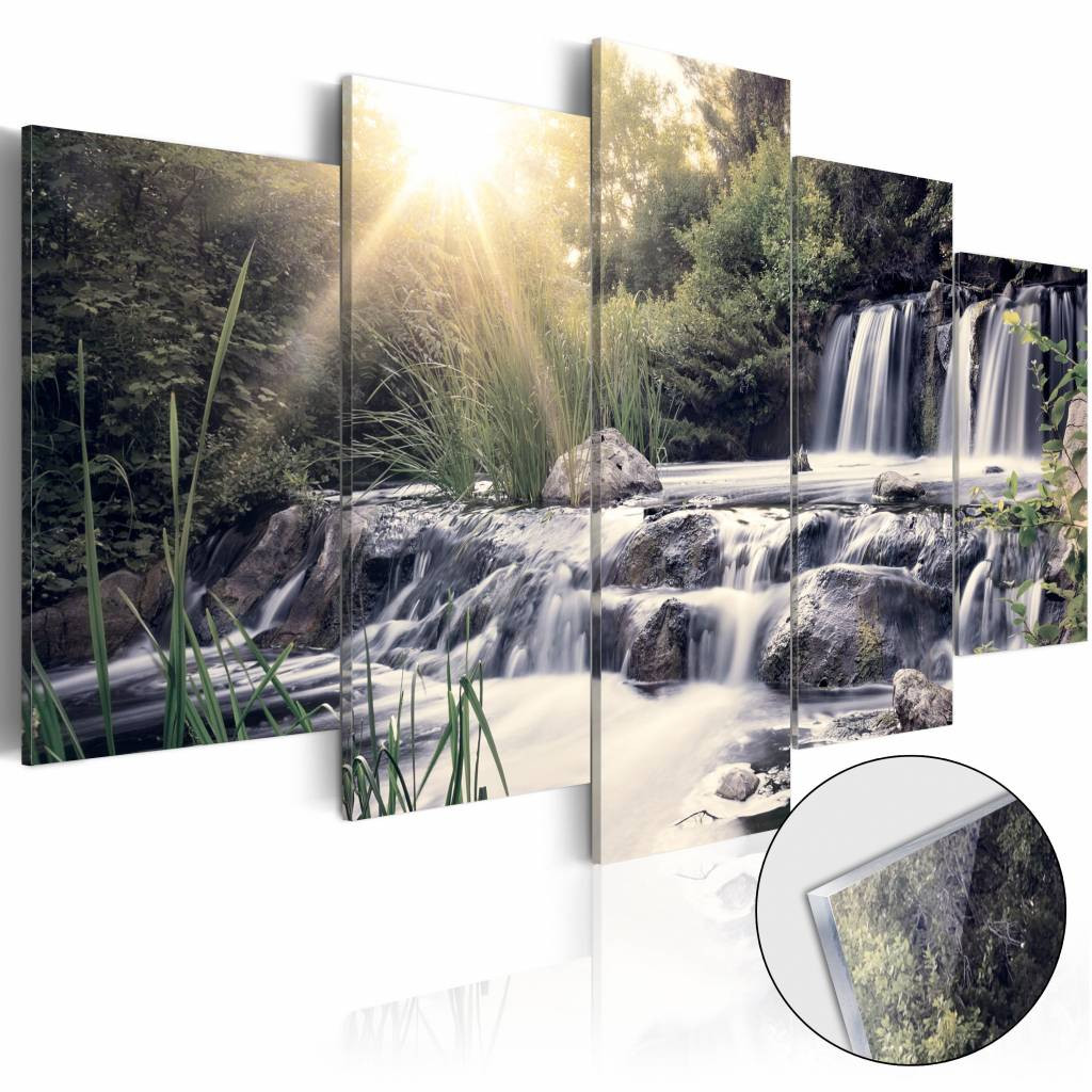 Afbeelding op acrylglas - Waterval van je dromen, Grijs/Groen, 5luik