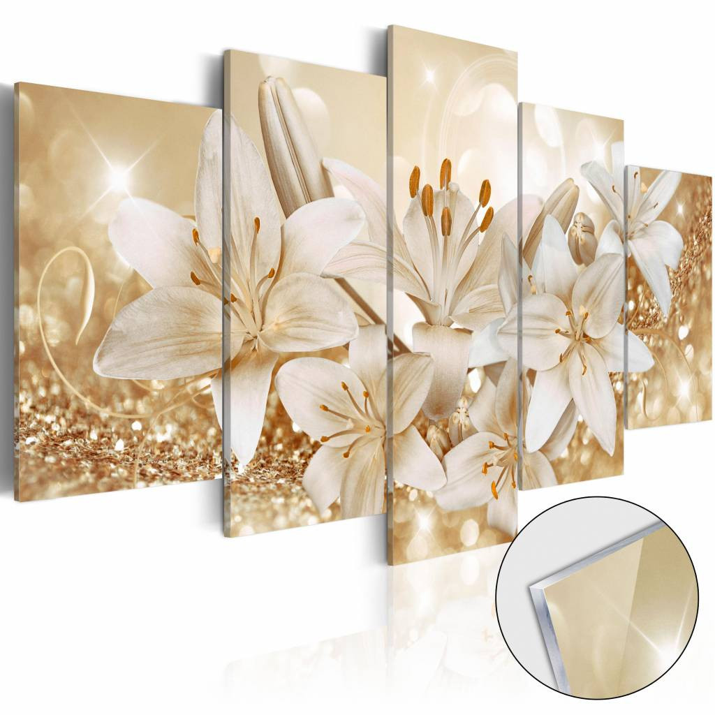 Afbeelding op acrylglas - Gouden boeket, Orchidee, Wit/Goud, 5luik