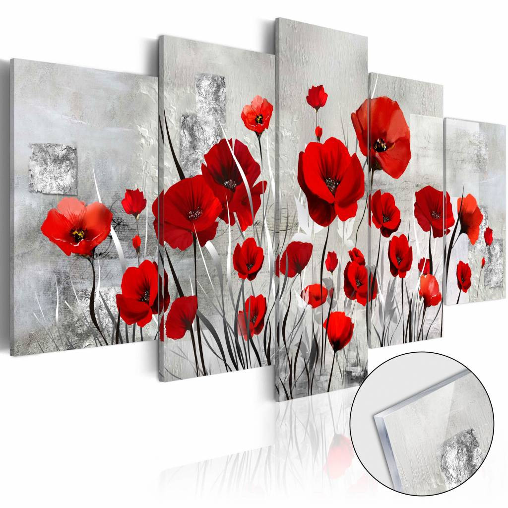 Afbeelding op acrylglas - Rode klaprozen, Rood/Grijs, 5luik