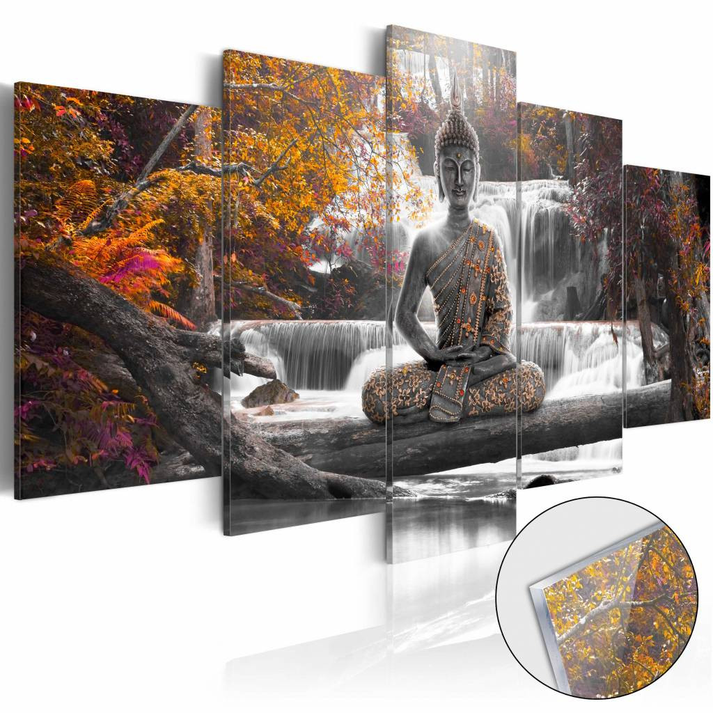 Afbeelding op acrylglas - Boeddha en de waterval, Oranje/Bruin , 5luik