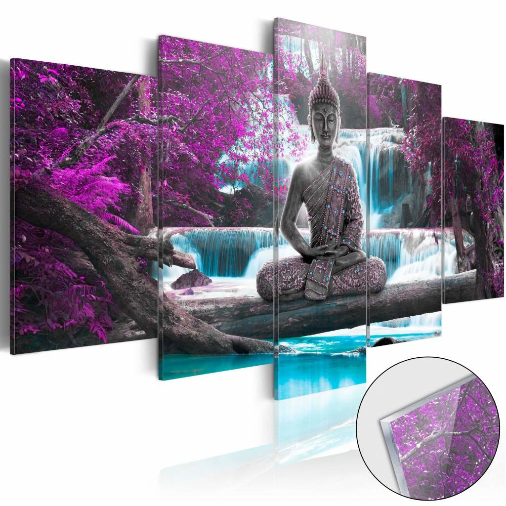 Afbeelding op acrylglas - Boeddha en de waterval, Paars/Blauw, 5luik