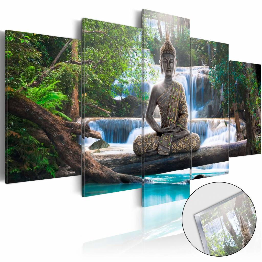 Afbeelding op acrylglas - Boeddha en de waterval, Groen/Bruin/Blauw, 5luik