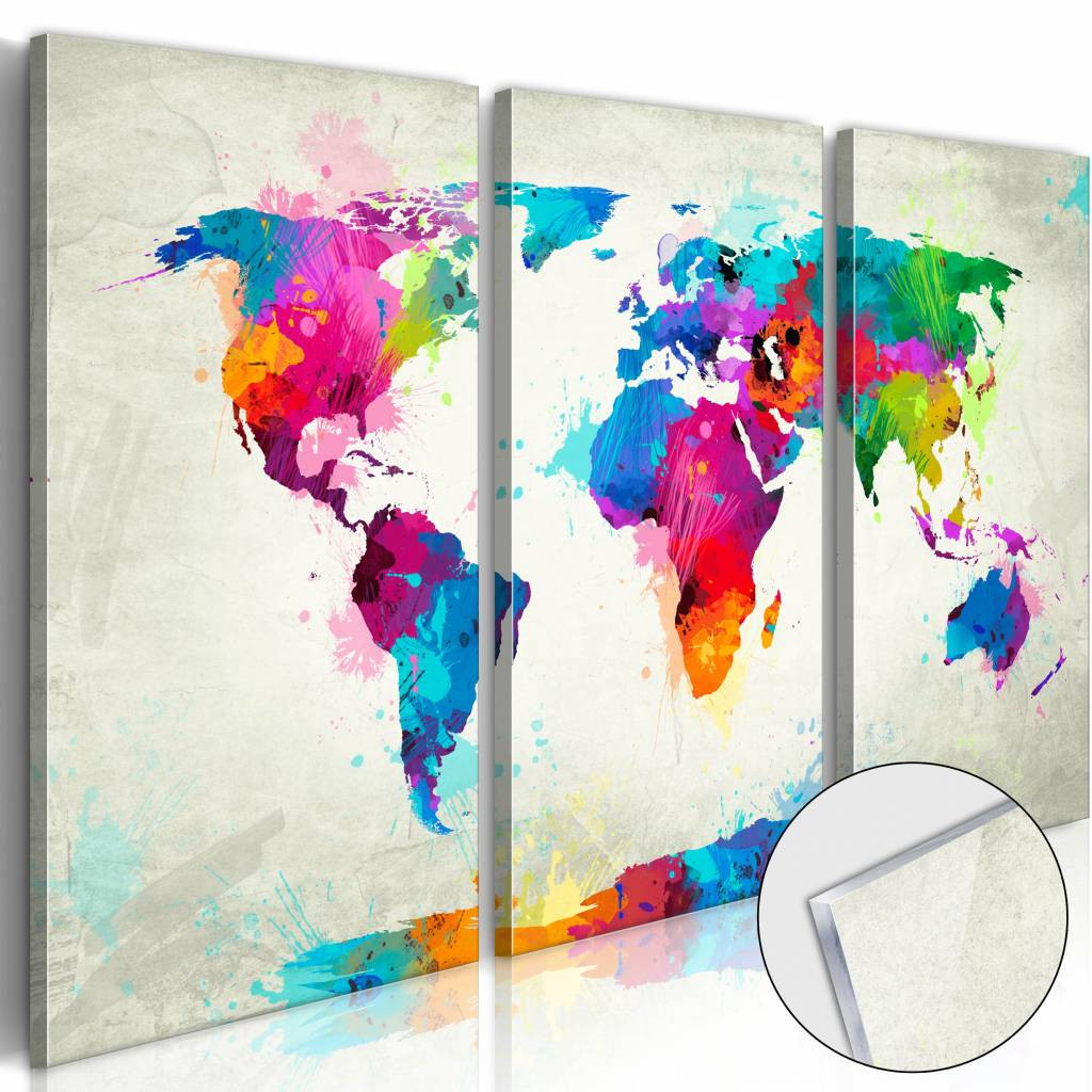 Afbeelding op acrylglas - Explosie van kleuren, wereldkaart, Multi-gekleurd, 3luik