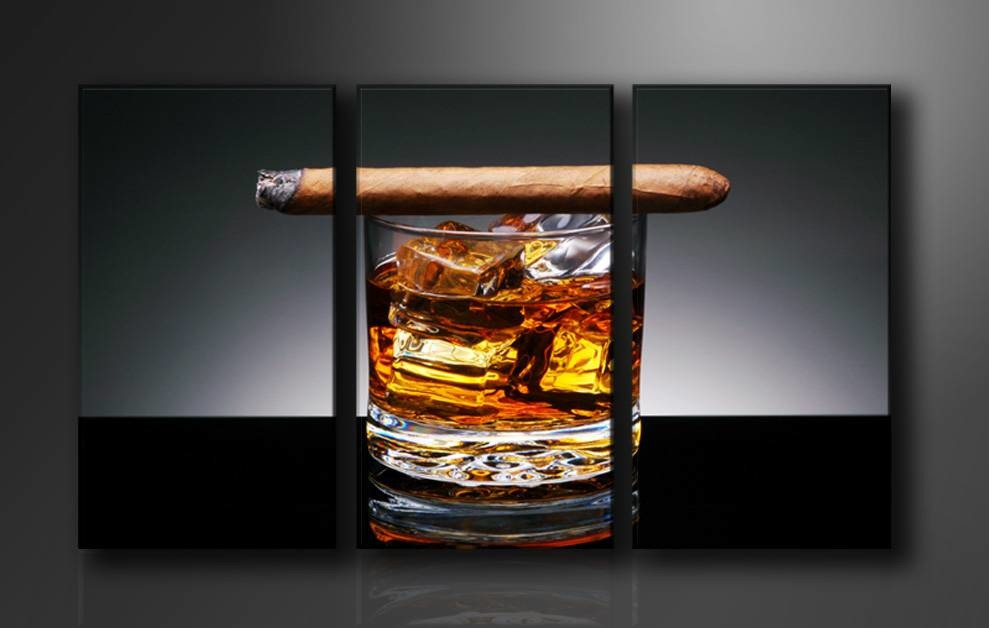 Canvas Schilderij - Whiskey en Sigaar, Bruin/Grijs, 160X90cm, 3luik
