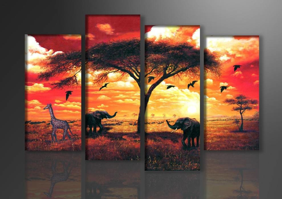 Schilderij - Afrika Dieren, Oranje, 130X80cm, 4luik