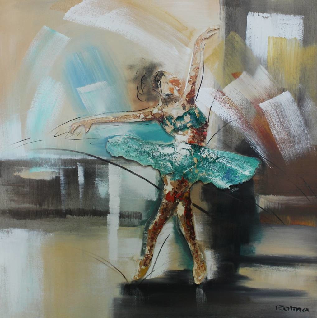 Handgeschilderd Schilderij - Ballerina in beweging - multikleur - 100x100cm Schilderij -Handgeschilderd